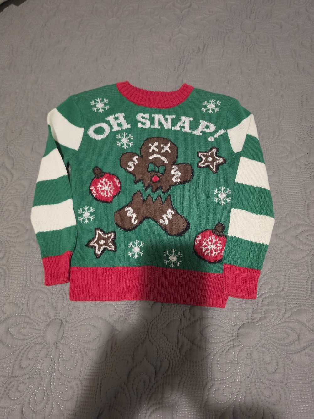 Green Crewneck Sweater with Red Trim and Gingerbread Graphic